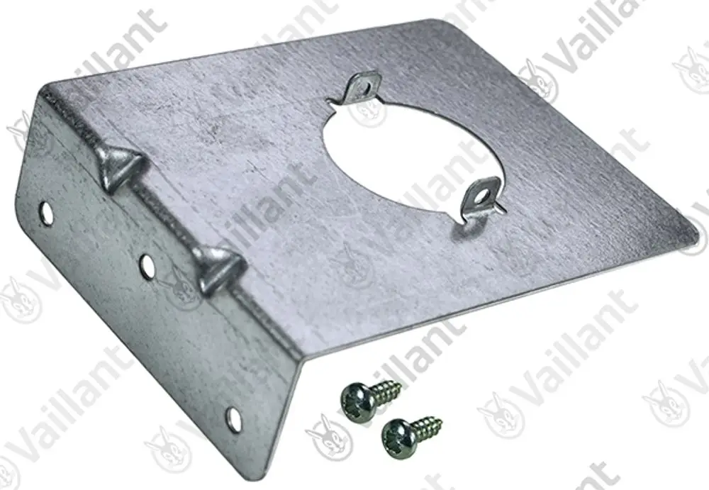 Vaillant Halter aus Metall mit Aussparung in der Mitte, zwei seitlichen Löchern zur Befestigung und zwei dazugehörigen Schrauben im Bildhintergrund.